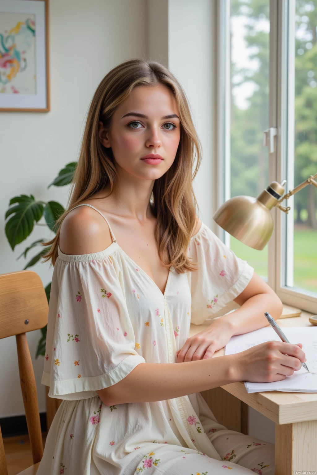 A woman in a floral dress sits at a desk, writing on a piece of paper.