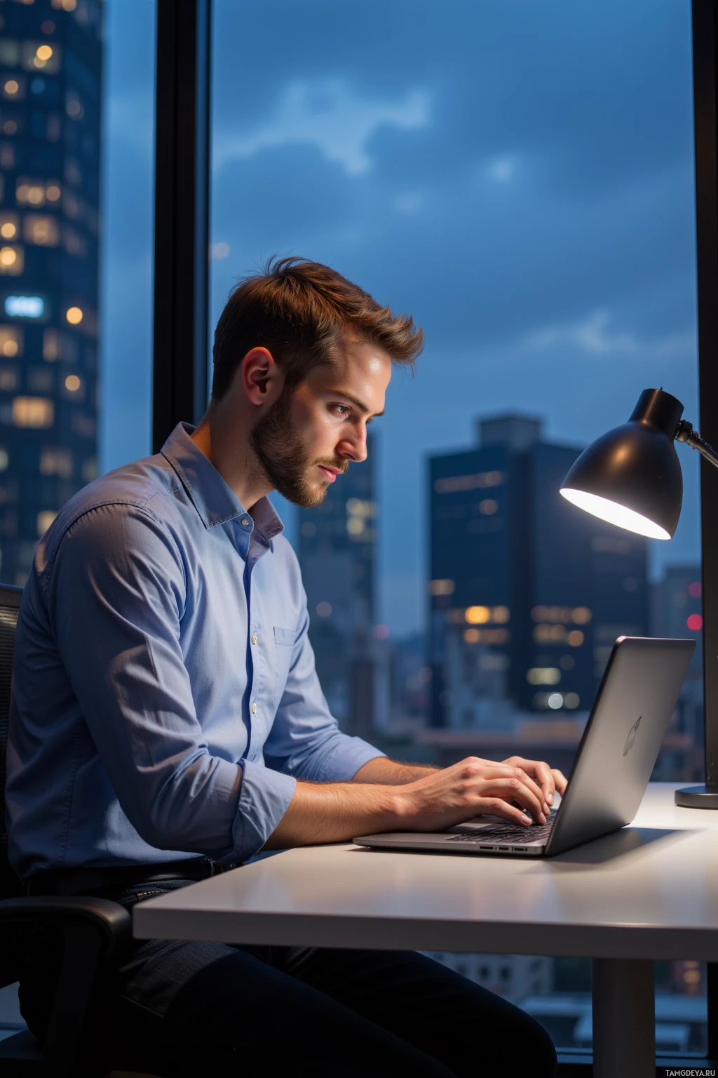 A man works on a laptop in an office with a cityscape view at night.
