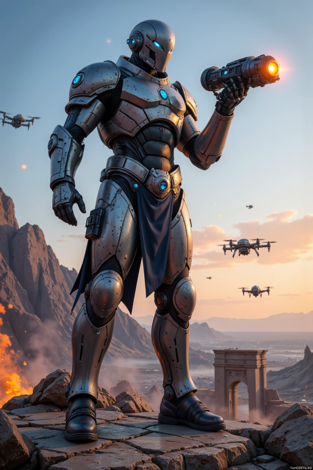 A futuristic armored figure stands on a rocky platform, holding a glowing weapon, with drones flying in the background and a mountainous landscape in the distance.