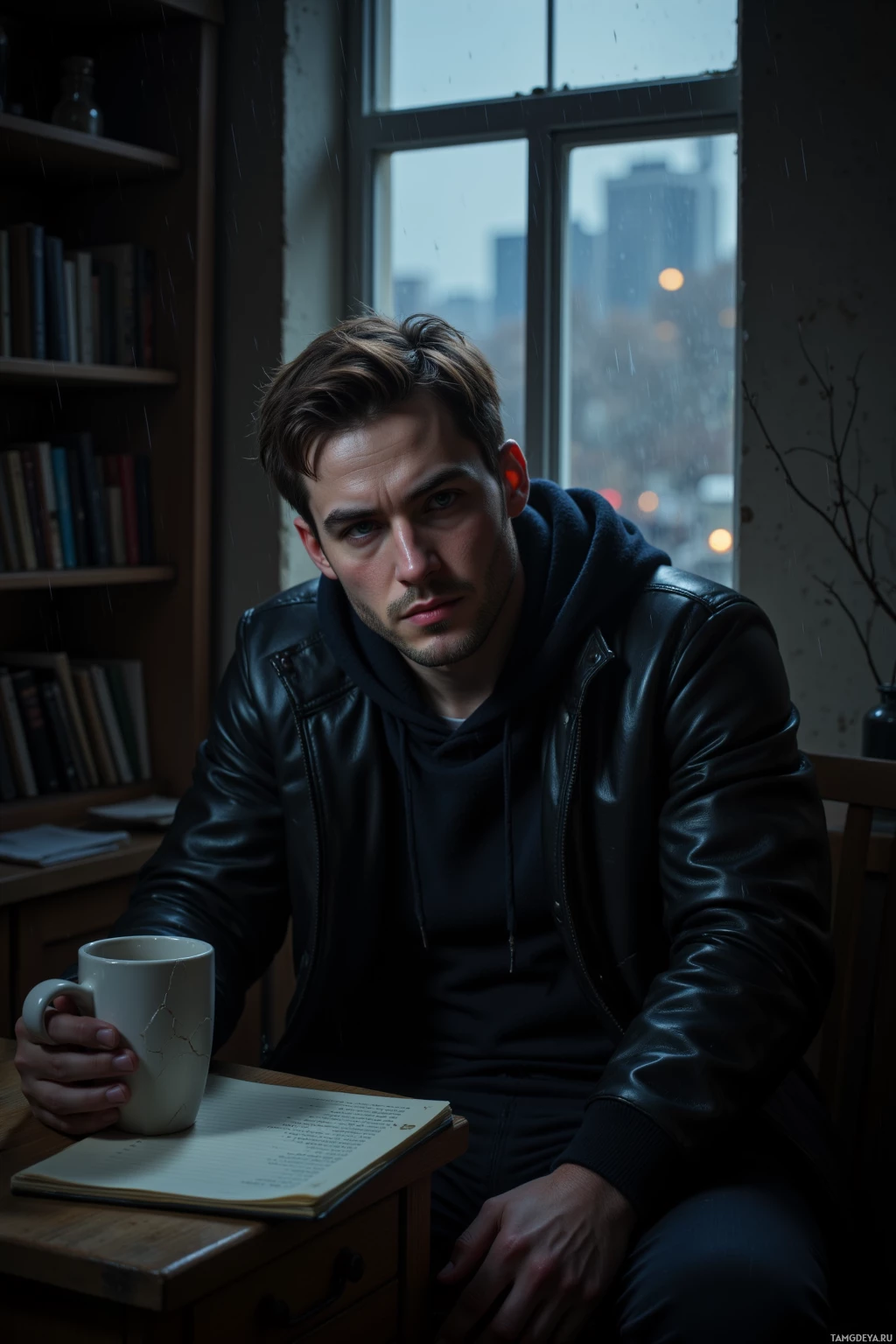 A man in a leather jacket sits by a window, holding a mug and looking out.