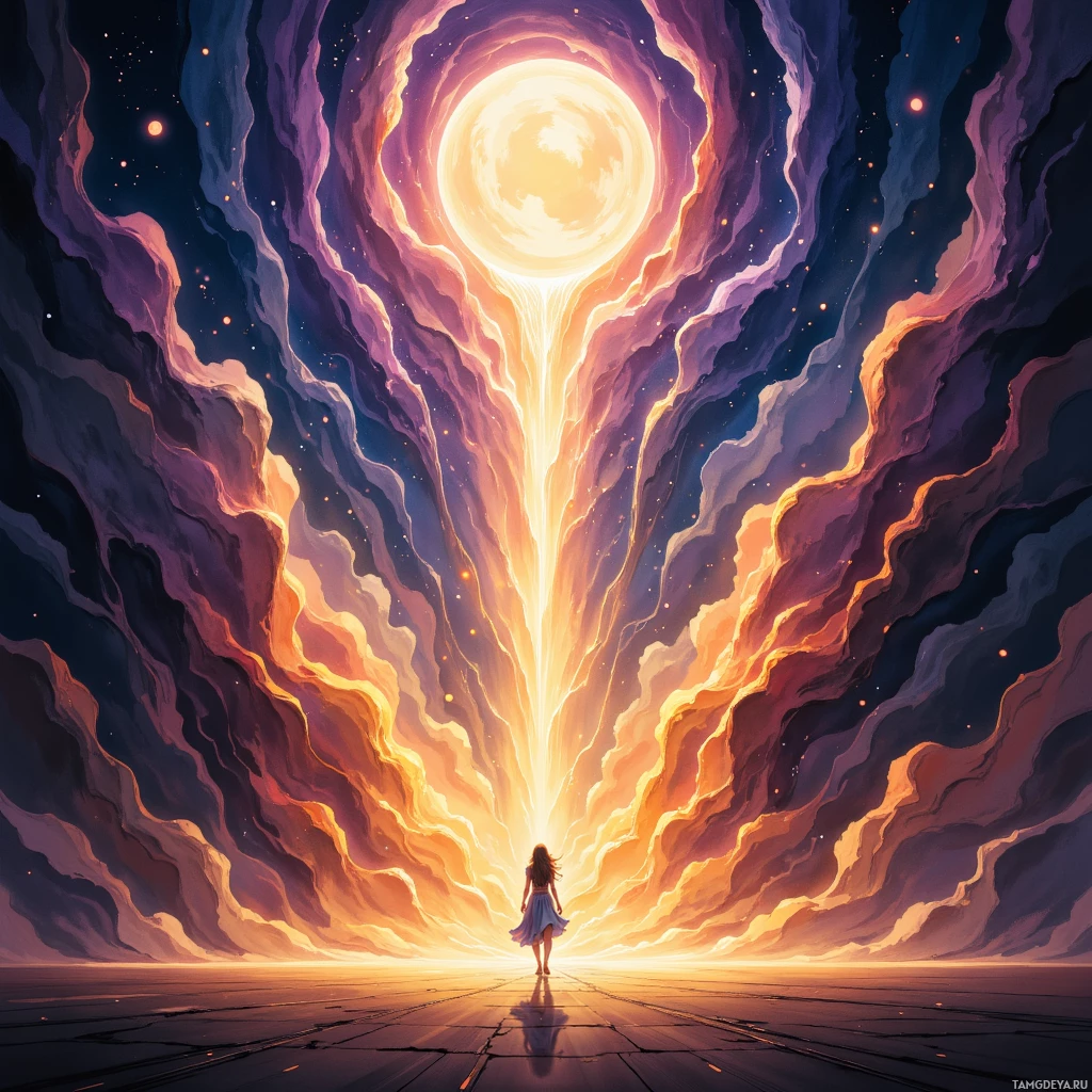 A figure stands at the base of a radiant, ethereal portal leading to a luminous sky.