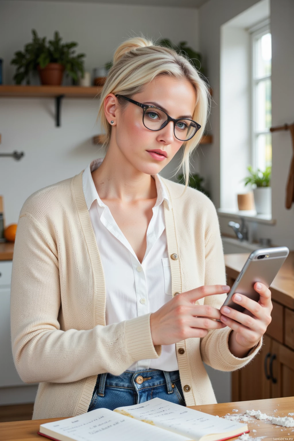 A woman in a white shirt and beige cardigan is using a smartphone at a kitchen table.