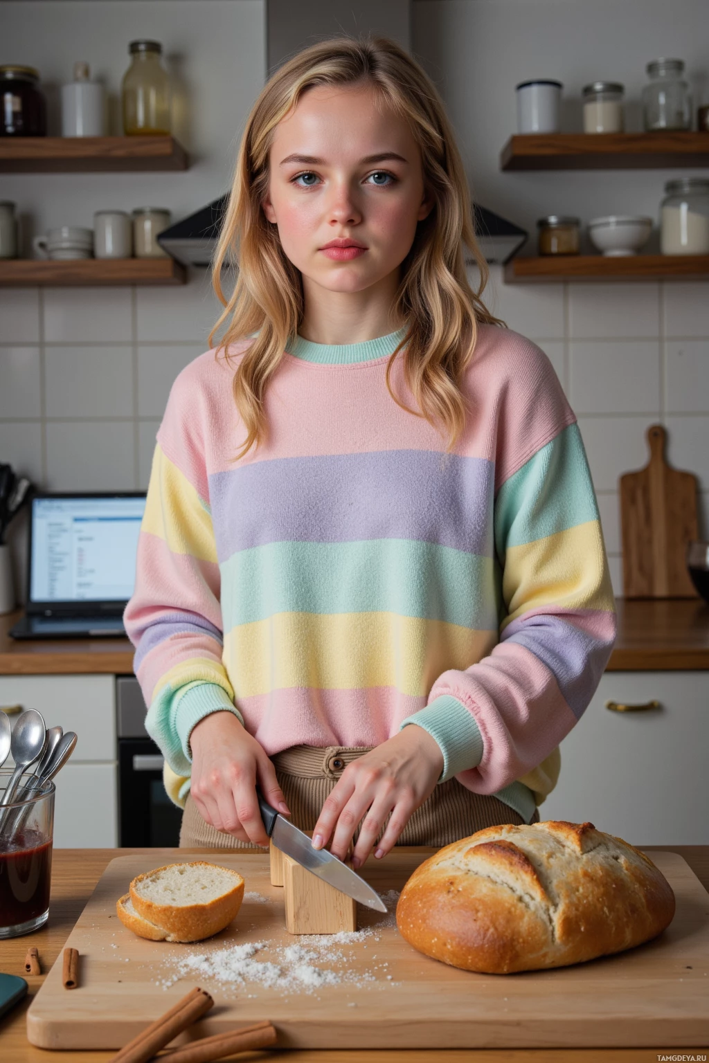 A person in a pastel striped sweater is slicing bread on a wooden cutting board in a kitchen.