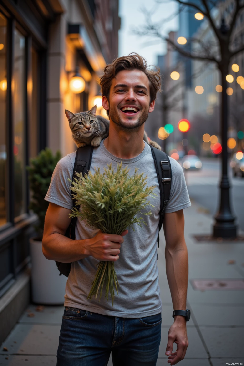 A man walks down a city street carrying a bouquet of flowers and a cat on his shoulder.