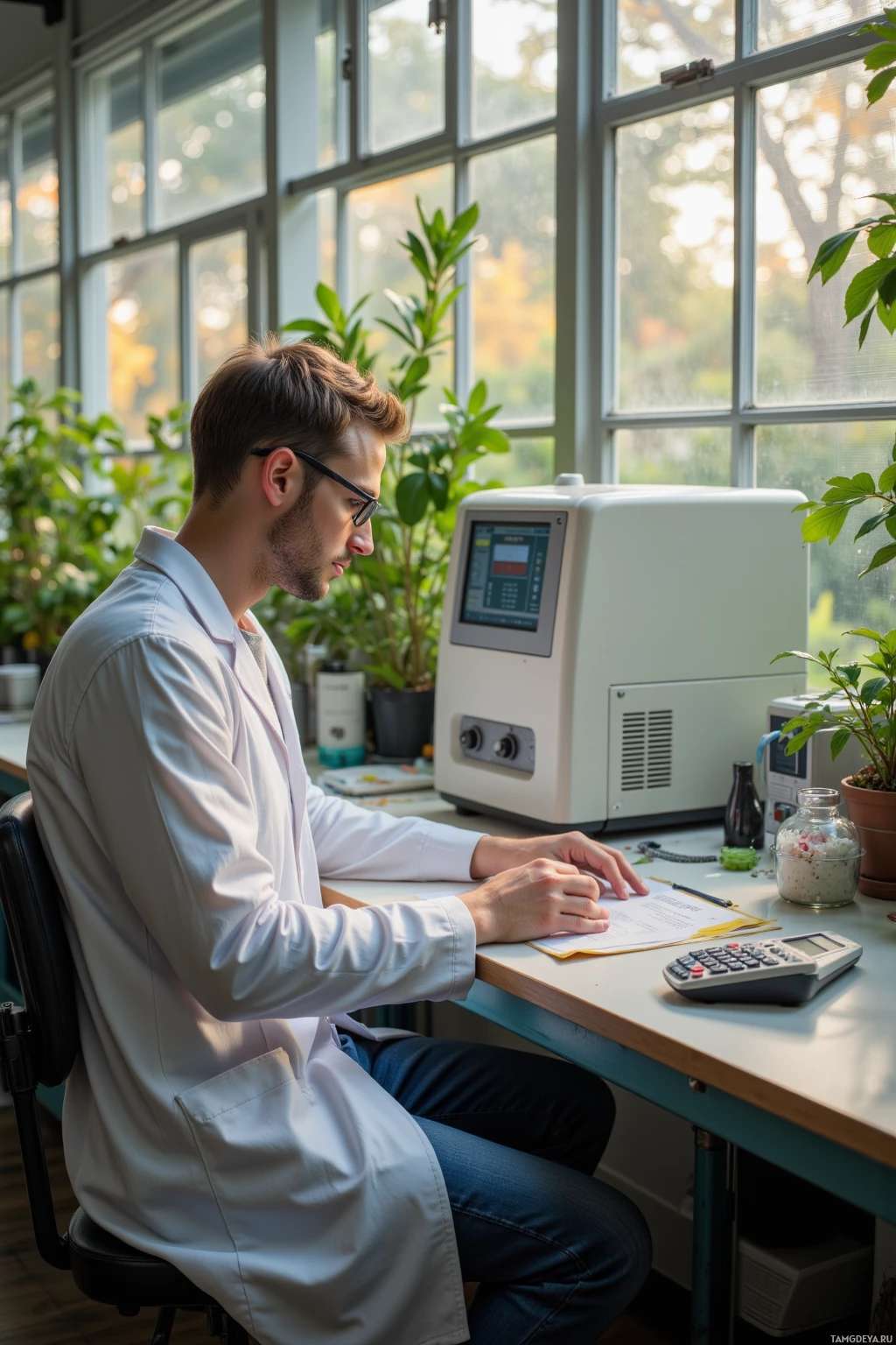 A man in a lab coat works at a desk with a computer and calculator, surrounded by plants and natural light.