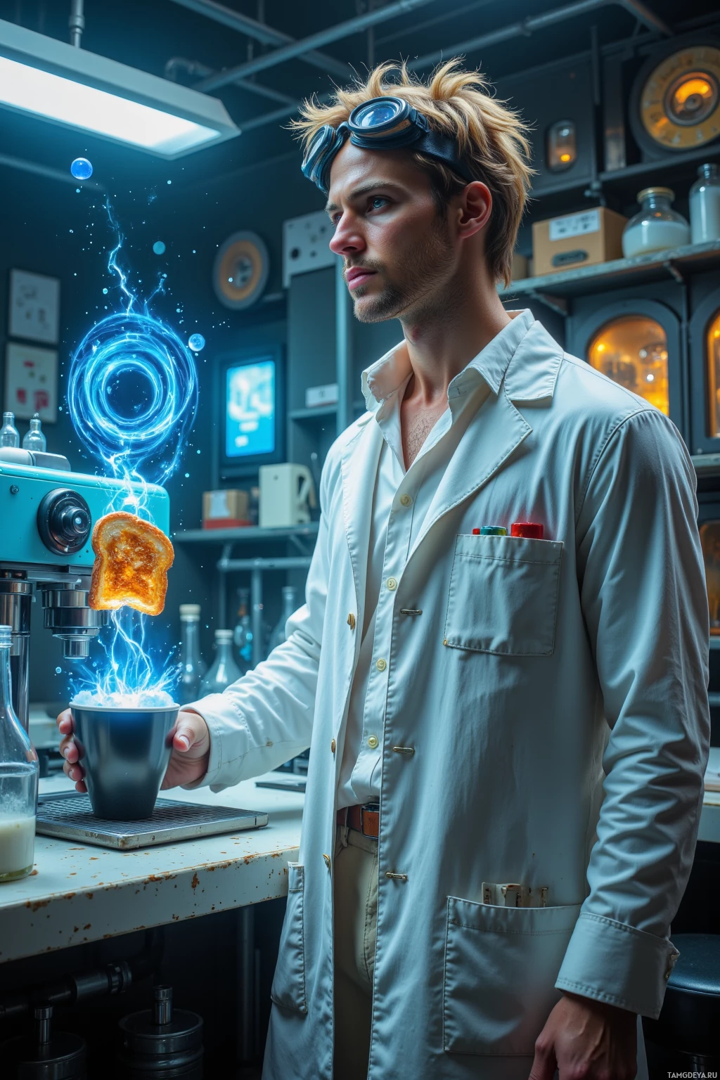 A person in a lab coat stands in a laboratory, holding a cup with a glowing, magical effect emanating from it.