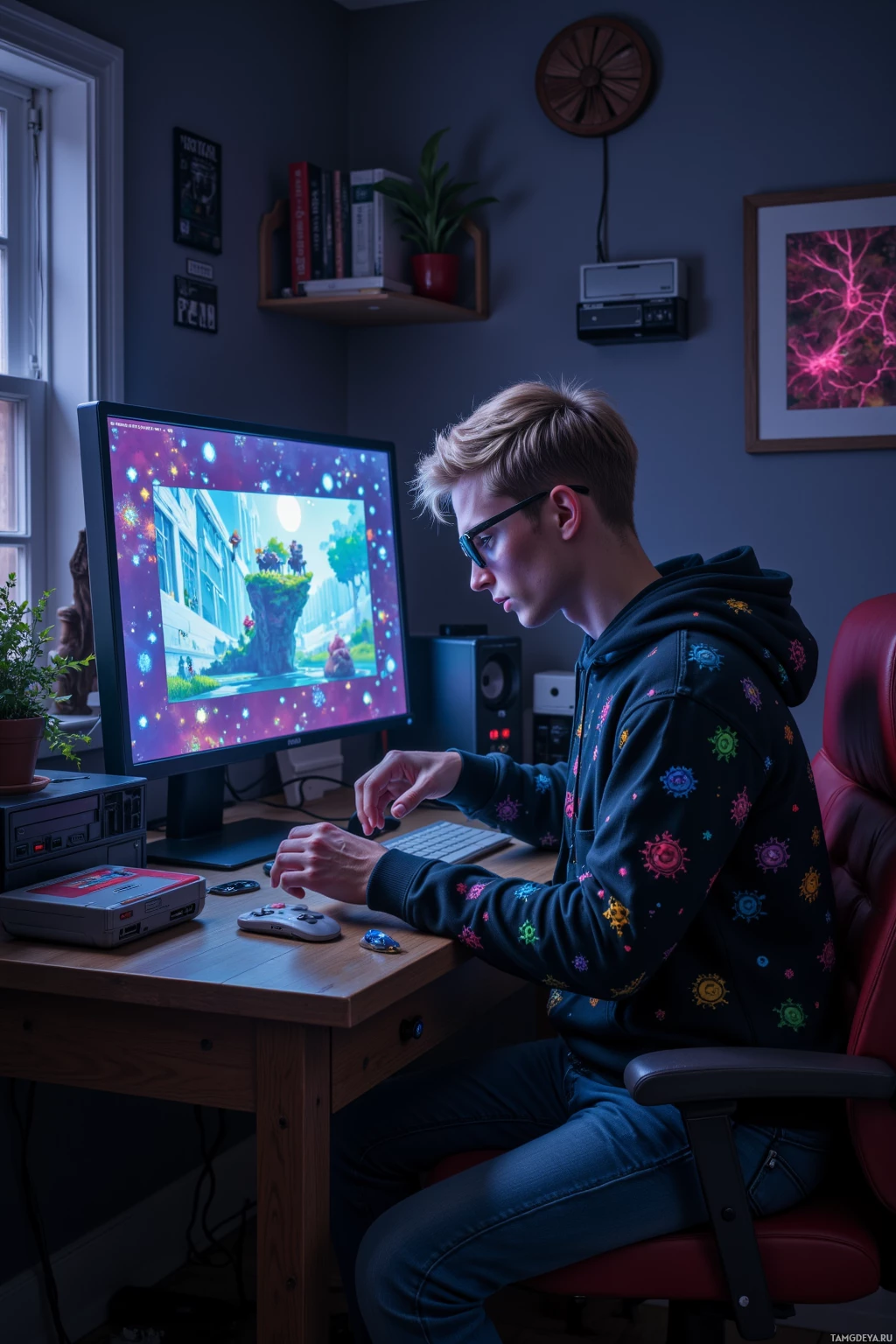 A person sits at a desk playing a video game on a computer monitor.