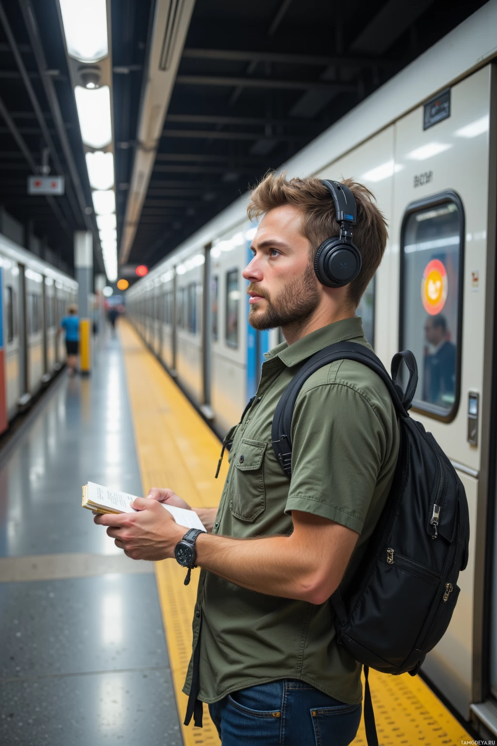 A man wearing headphones and a backpack stands on a subway platform, holding a book.