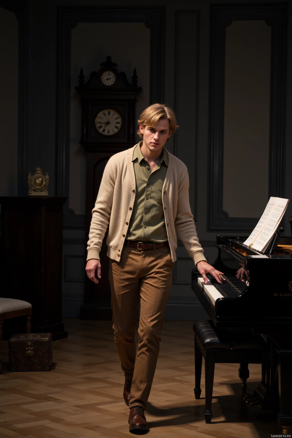 A man in a beige cardigan and khaki pants walks past a grand piano in a dimly lit room.