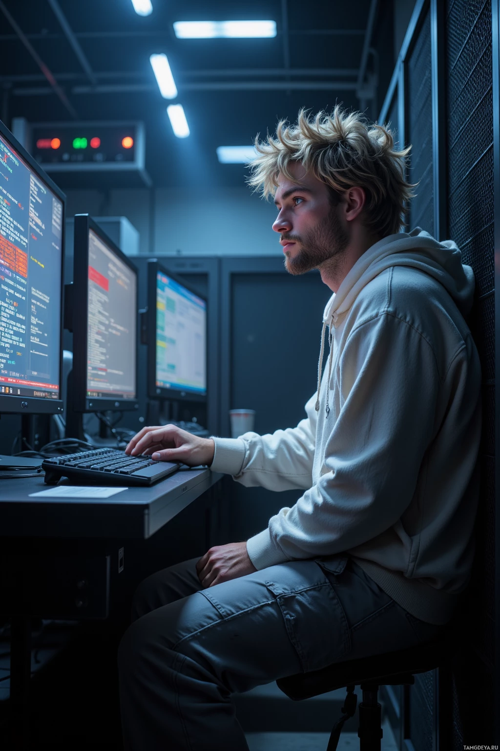 A person in a hoodie sits at a desk in a dimly lit room, working on a computer.