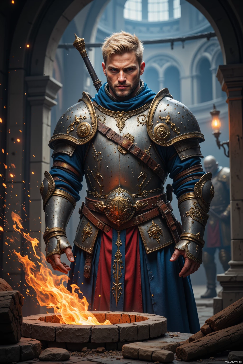 A knight in ornate armor stands beside a fire pit in a grand, arched hallway.
