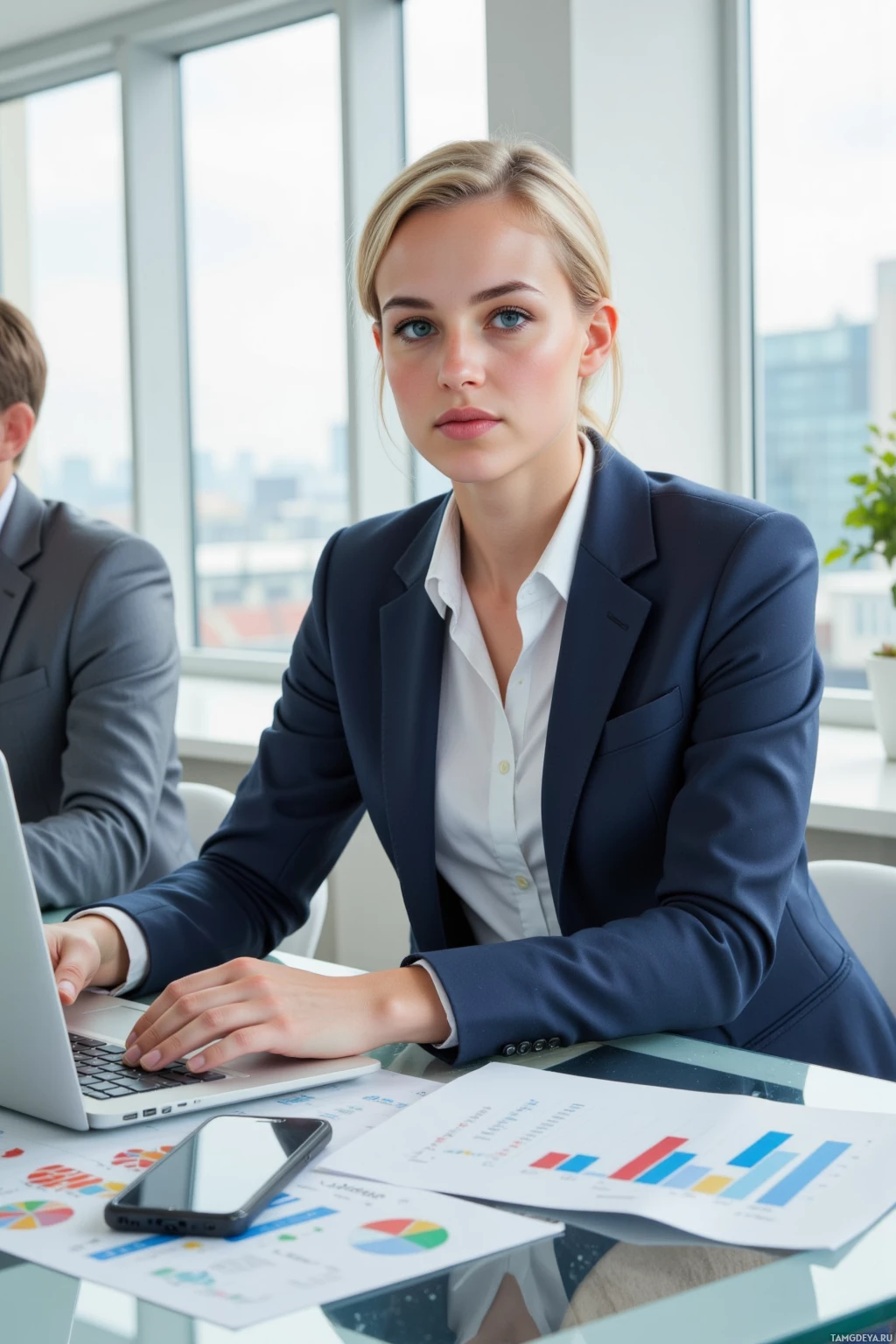 A professional woman in a suit is working at a desk with a laptop and documents.