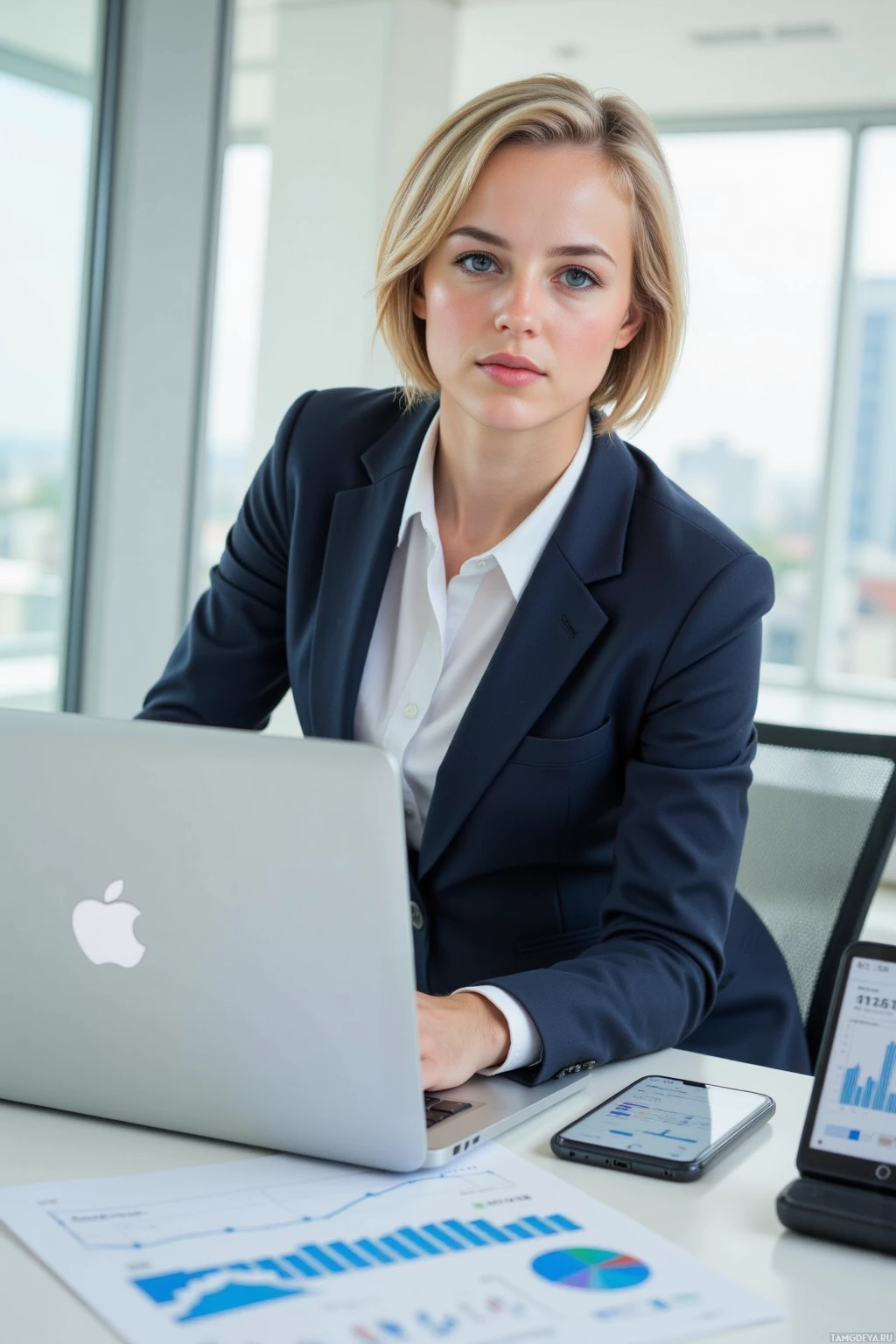 A professional woman in a suit sits at a desk with a laptop, phone, and documents.