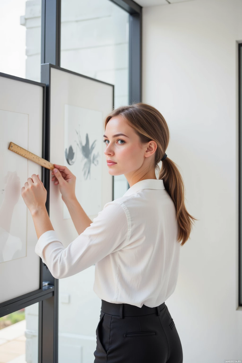 A woman in a white blouse and black pants measures a framed artwork with a ruler.