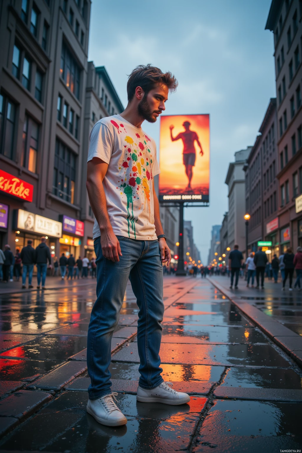 A man stands on a wet street in an urban setting, wearing a white t-shirt with paint splatters and jeans.