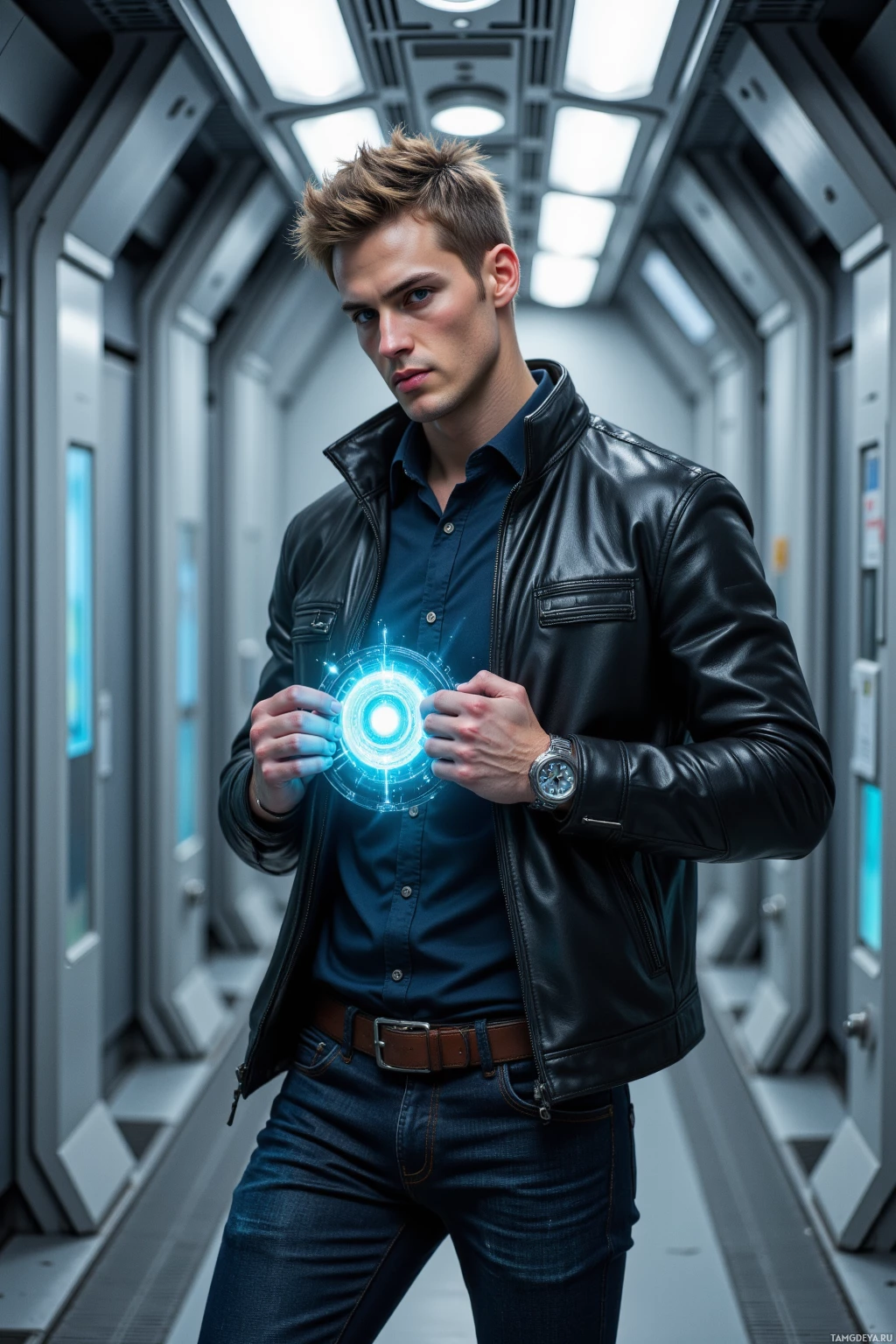 A man in a leather jacket and jeans stands in a futuristic corridor, holding a glowing circular device.