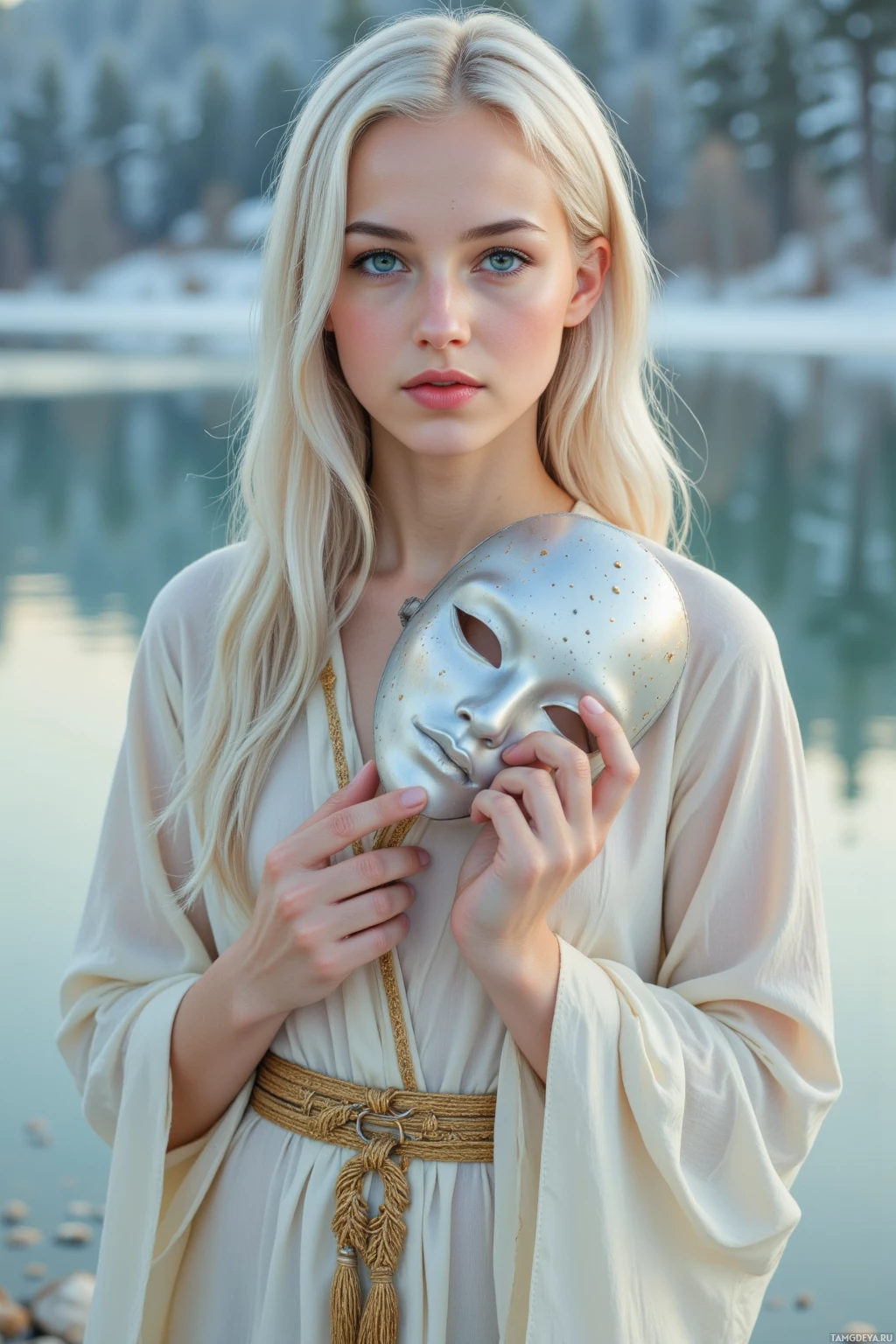 A person with long blonde hair wearing a white robe and holding a metallic mask near their chest.