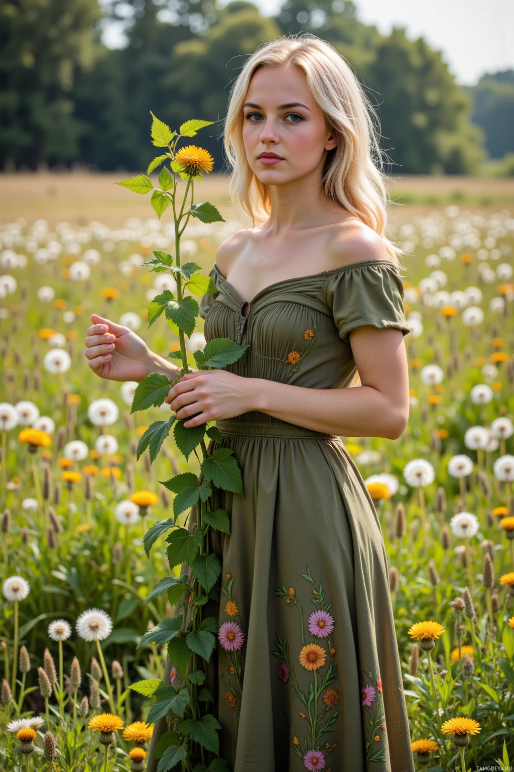 A woman in a green dress stands in a field of wildflowers.