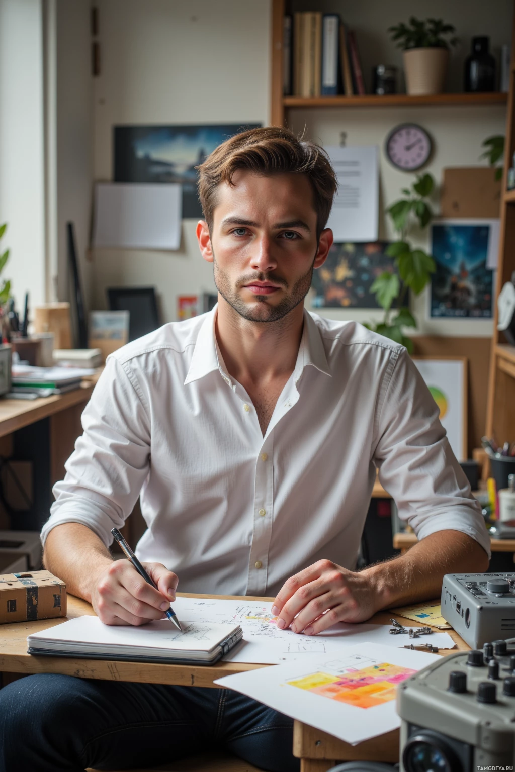 A man in a white shirt sits at a desk, writing in a notebook.