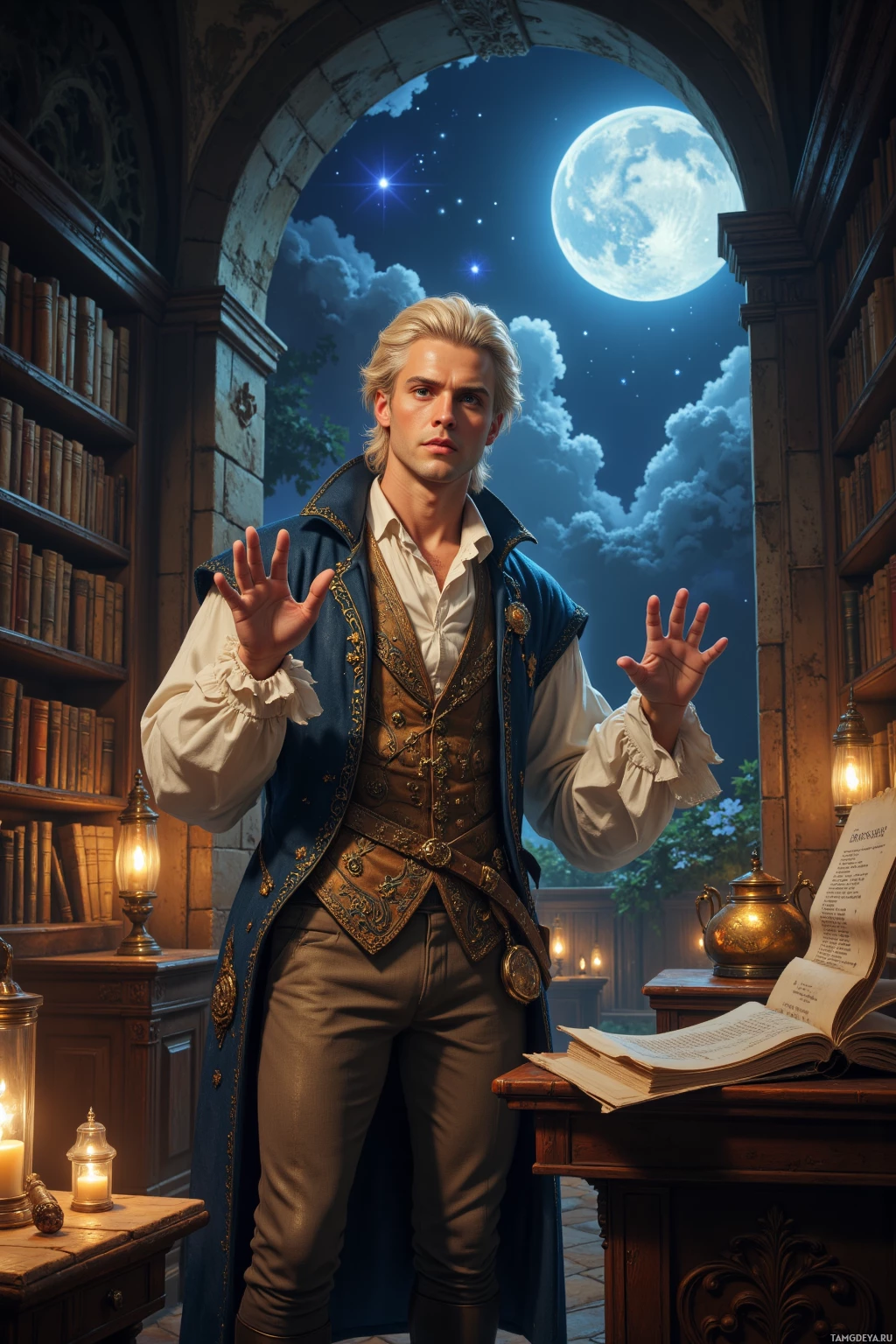 A man in a historical-style outfit stands in a library with a night sky and moon visible through an arched window.