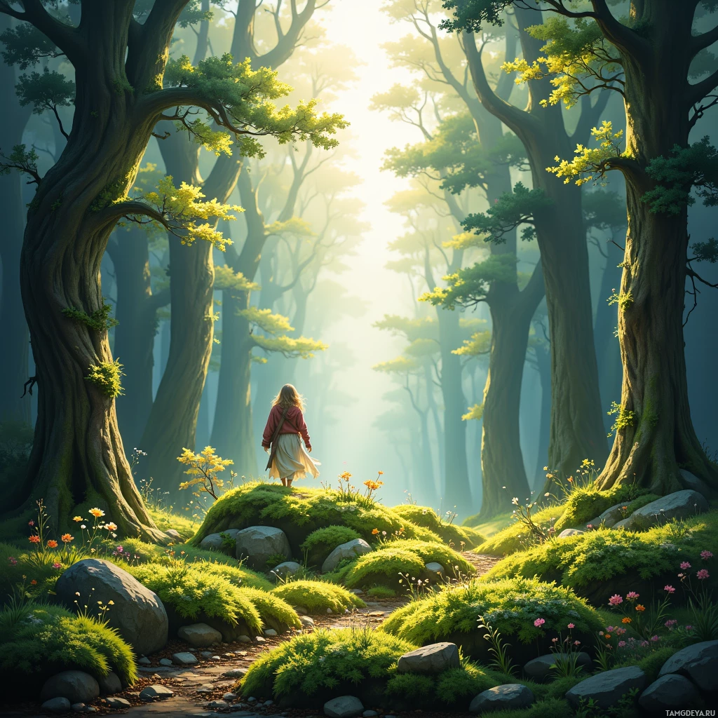 A serene forest scene with a person walking on a path surrounded by tall trees and vibrant greenery.