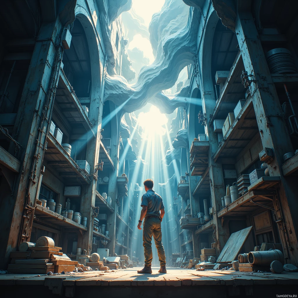 A lone figure stands in a dimly lit, dilapidated industrial space, bathed in the warm glow of sunlight streaming through a large, jagged opening above.