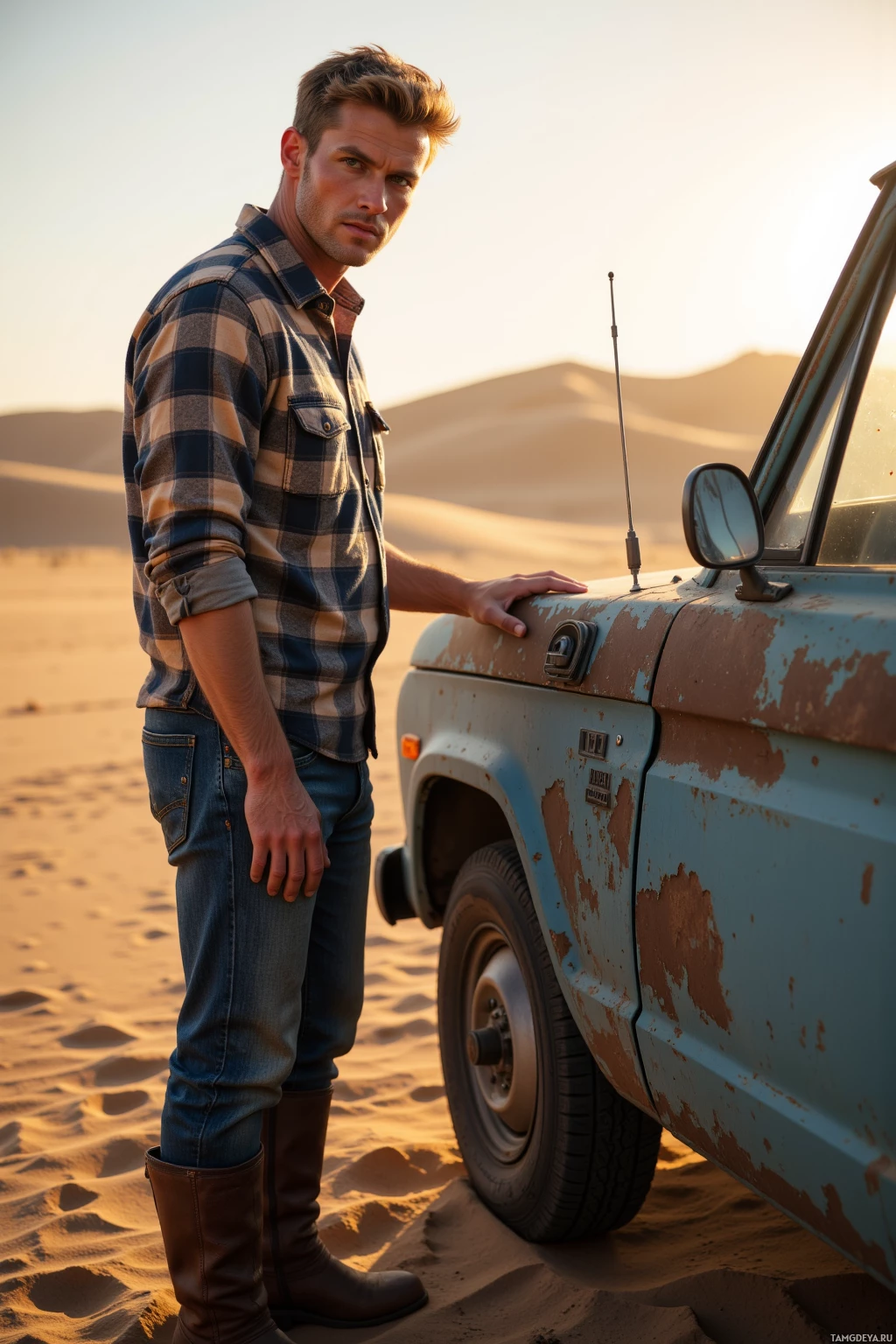 A man stands beside a vintage vehicle in a desert landscape at sunset.