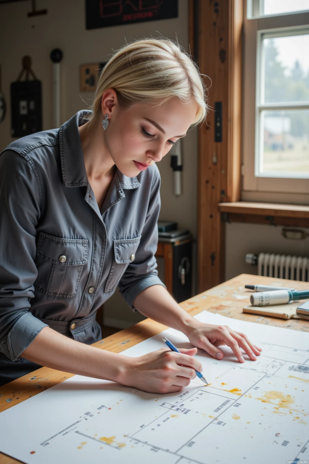 A person is working on a detailed blueprint at a desk.