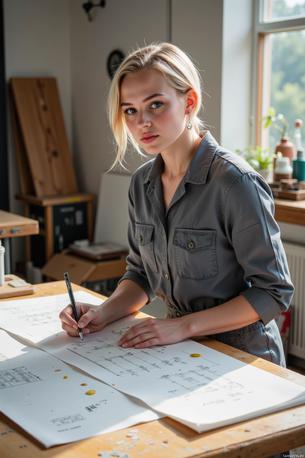 A person is sitting at a desk, writing on a large sheet of paper with a pen.