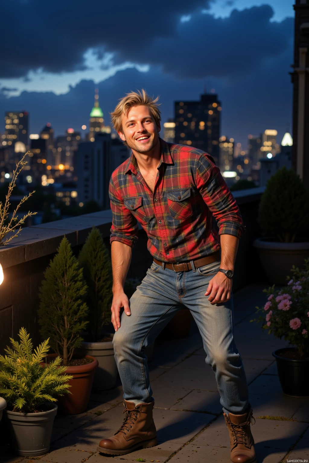 A man stands on a rooftop at dusk, wearing a plaid shirt and jeans, with a city skyline in the background.