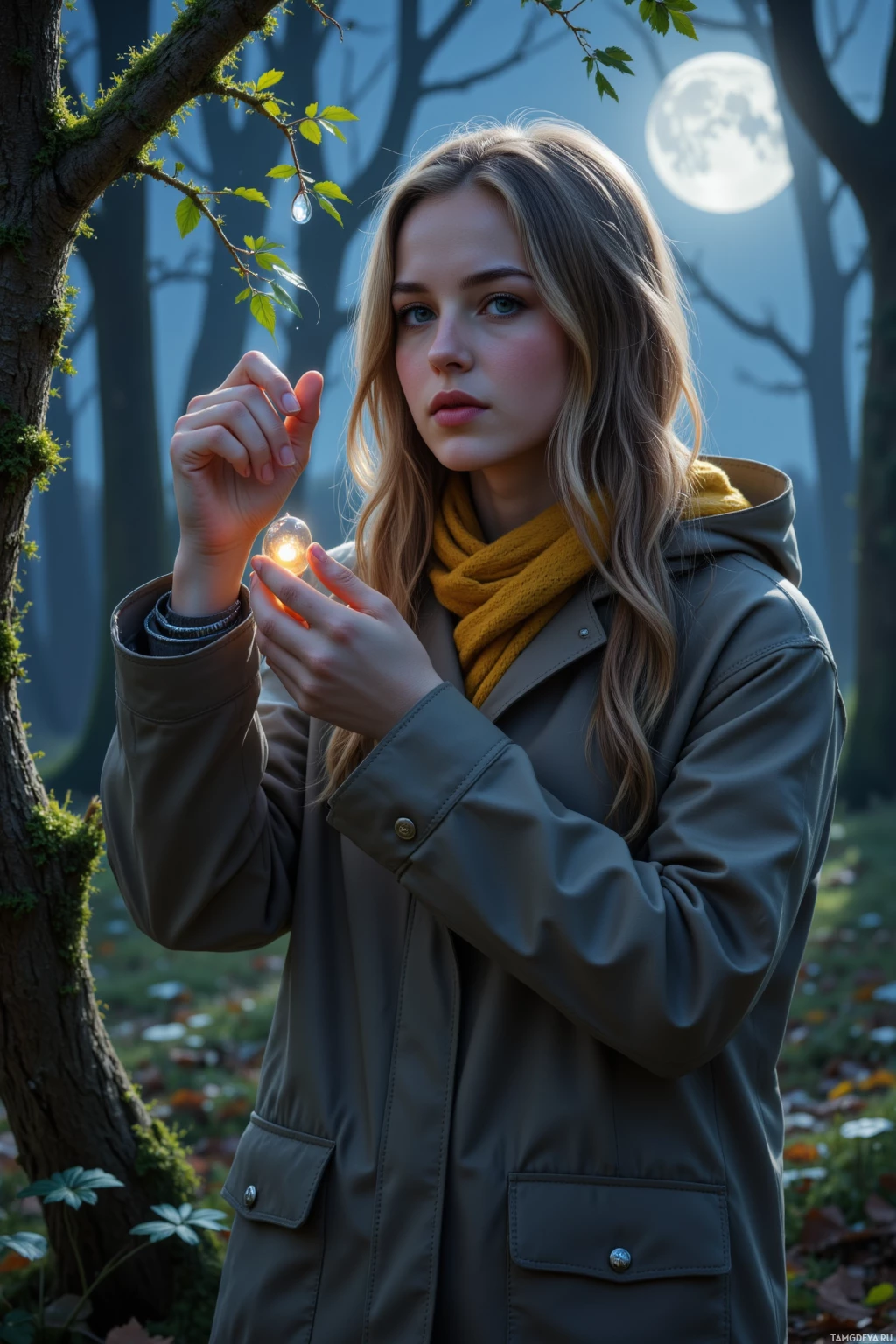 A person in a coat holding a glowing orb in a forest setting.