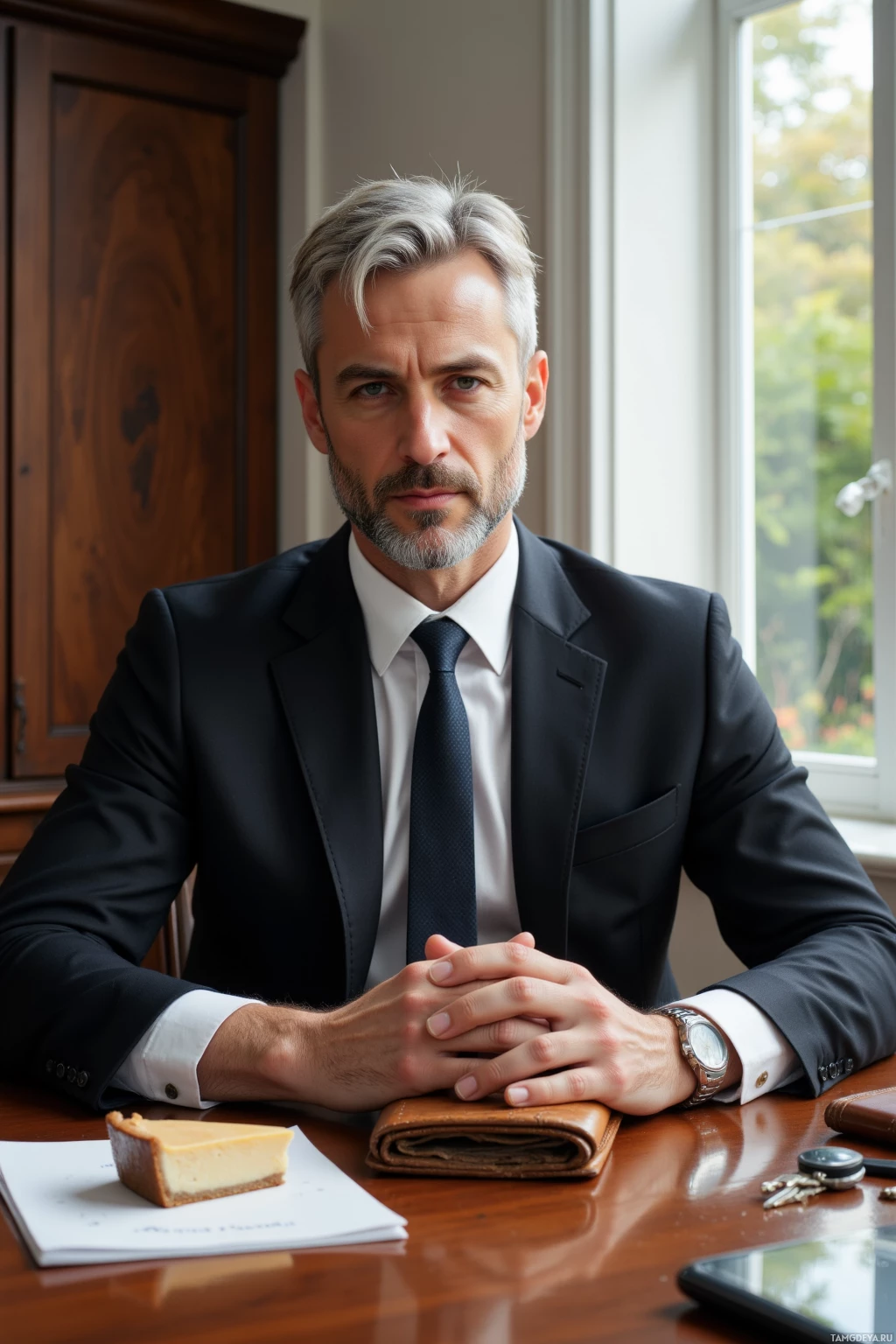 A man in a suit sits at a desk with a piece of cake, a wallet, and keys.