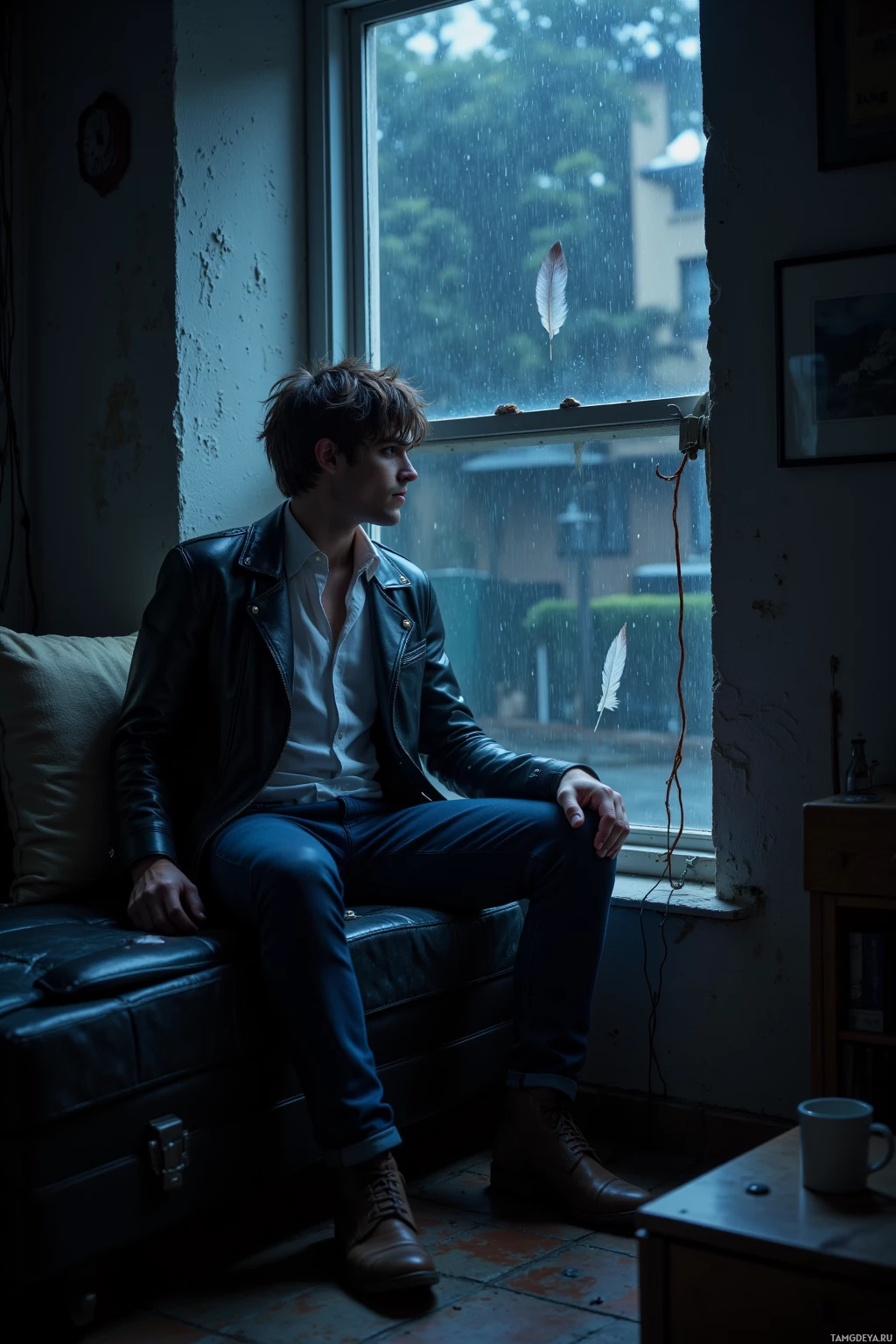 A person sits contemplatively by a window on a rainy day, with a feather resting on the glass.