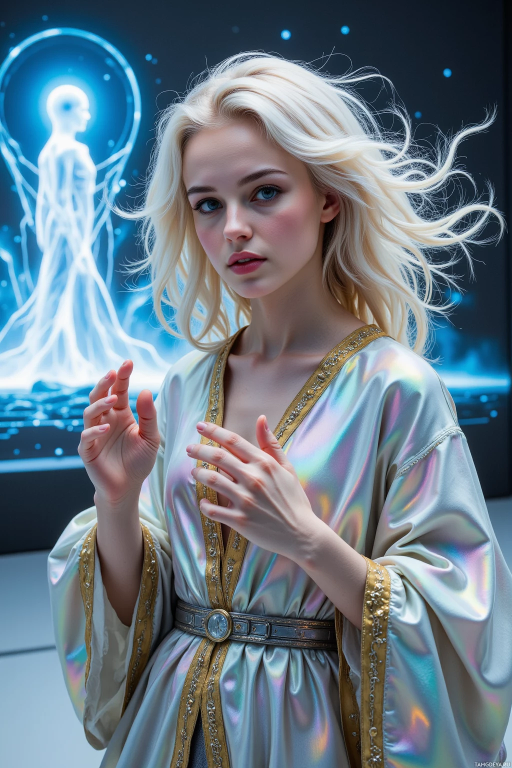 A woman in a shimmering, flowing robe with a glowing figure in the background.