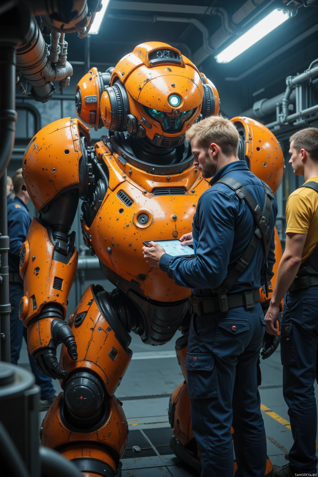 A man in a blue uniform interacts with a large, orange, mechanical robot in a high-tech environment.