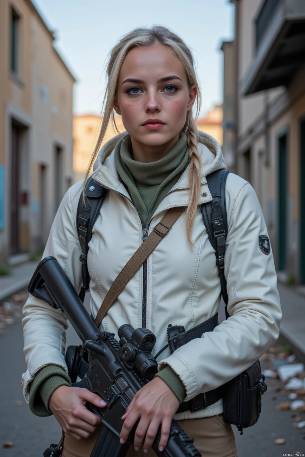 A person wearing a jacket and carrying a rifle stands in an alleyway.