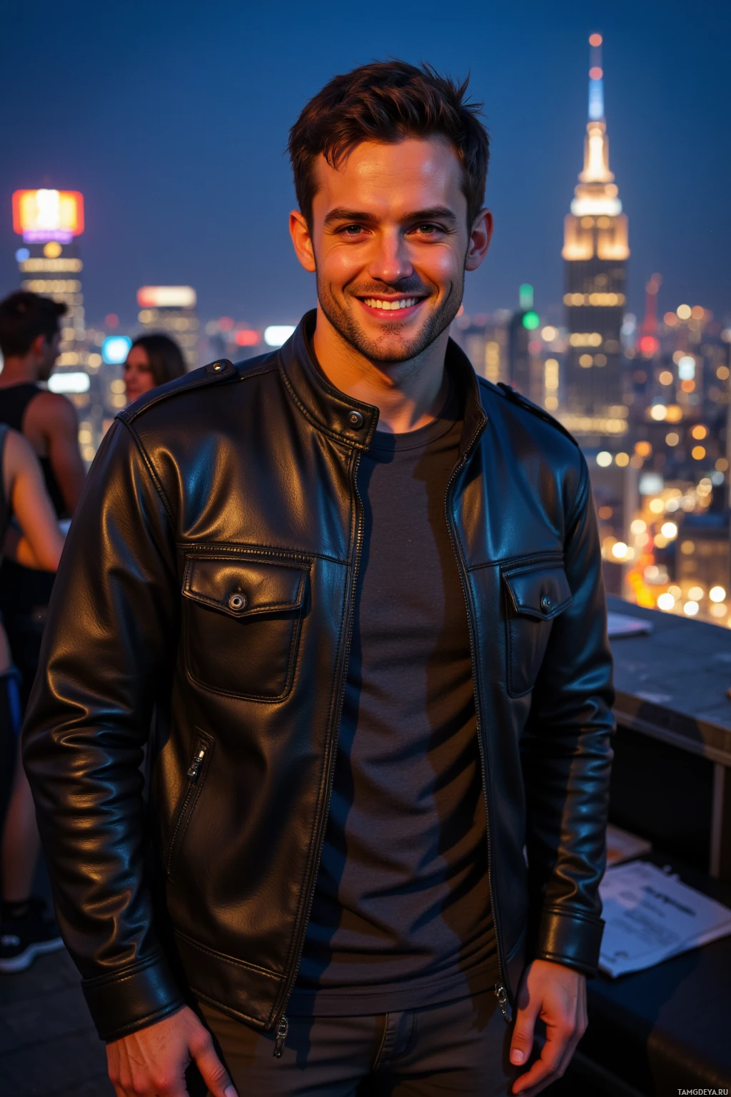 A man in a black leather jacket smiles at the camera with a cityscape in the background.