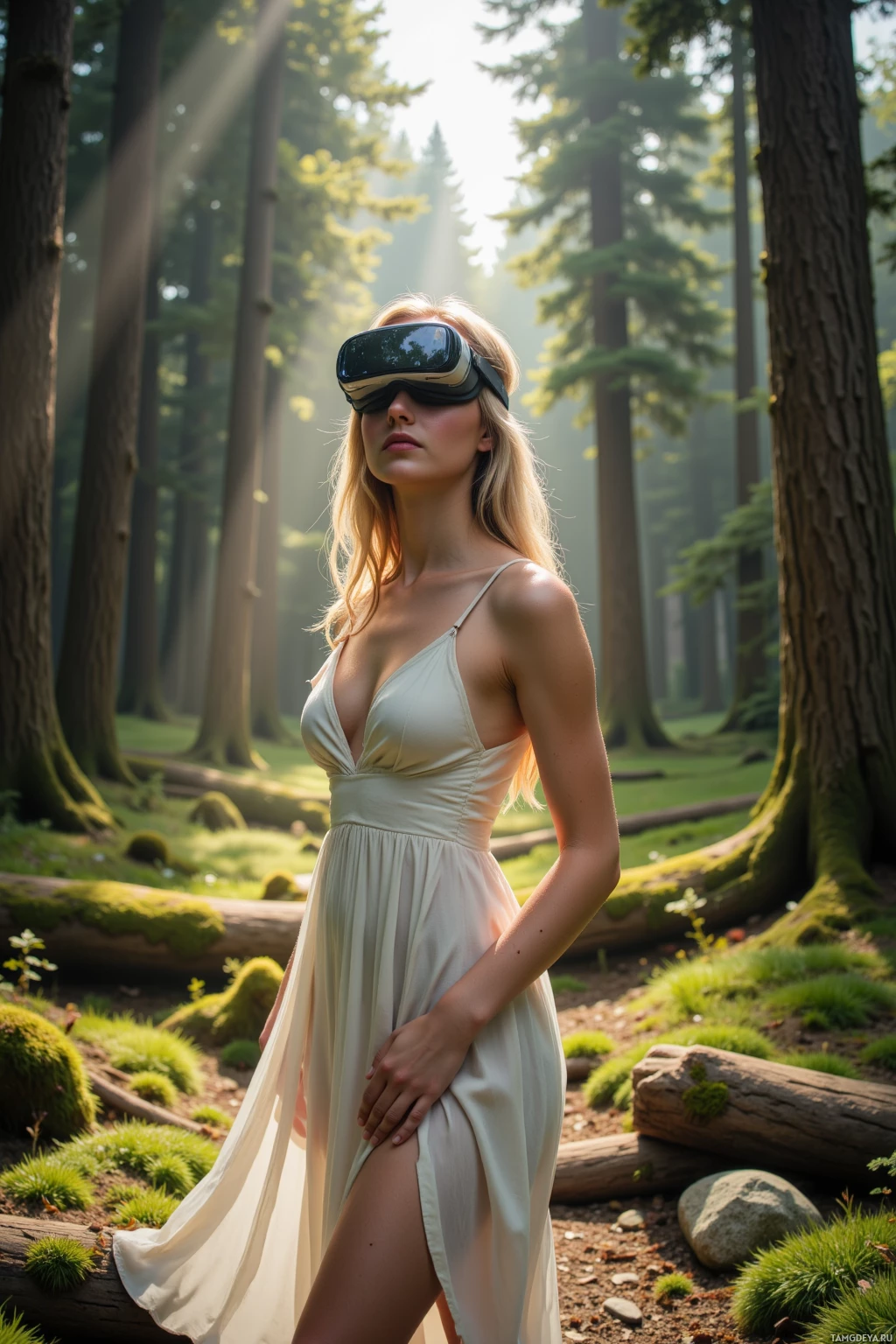 A woman in a white dress stands in a forest, wearing VR goggles.