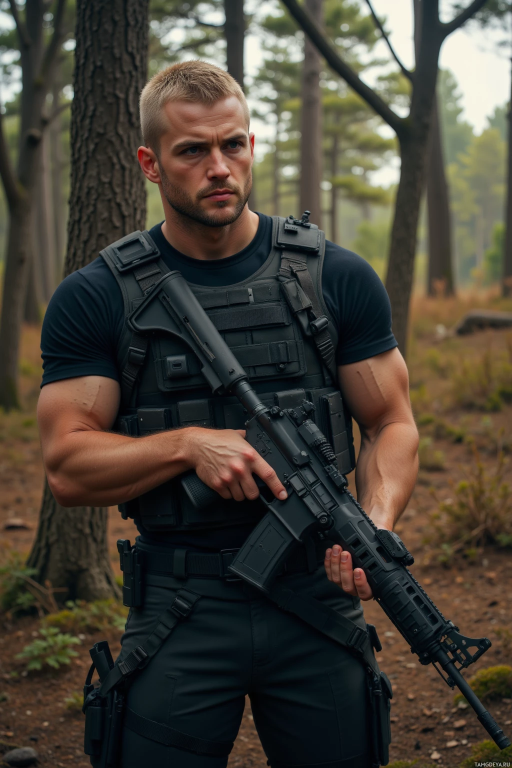 A man in tactical gear stands in a forest, holding a rifle.