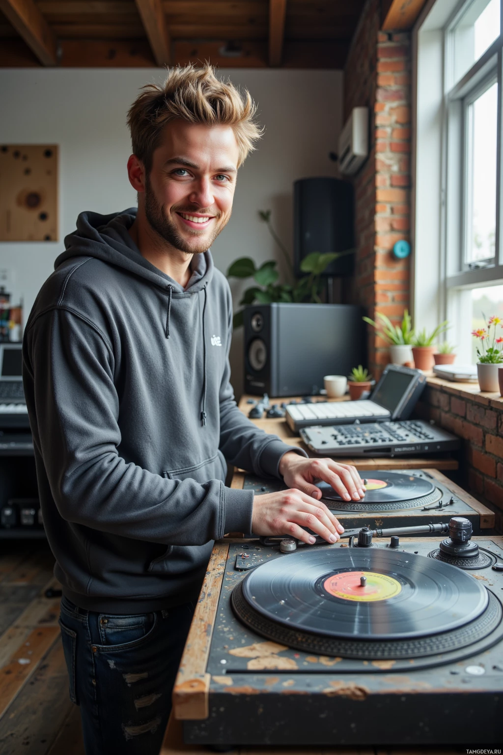A smiling person in a hoodie stands beside a DJ turntable in a cozy room with plants and a window.