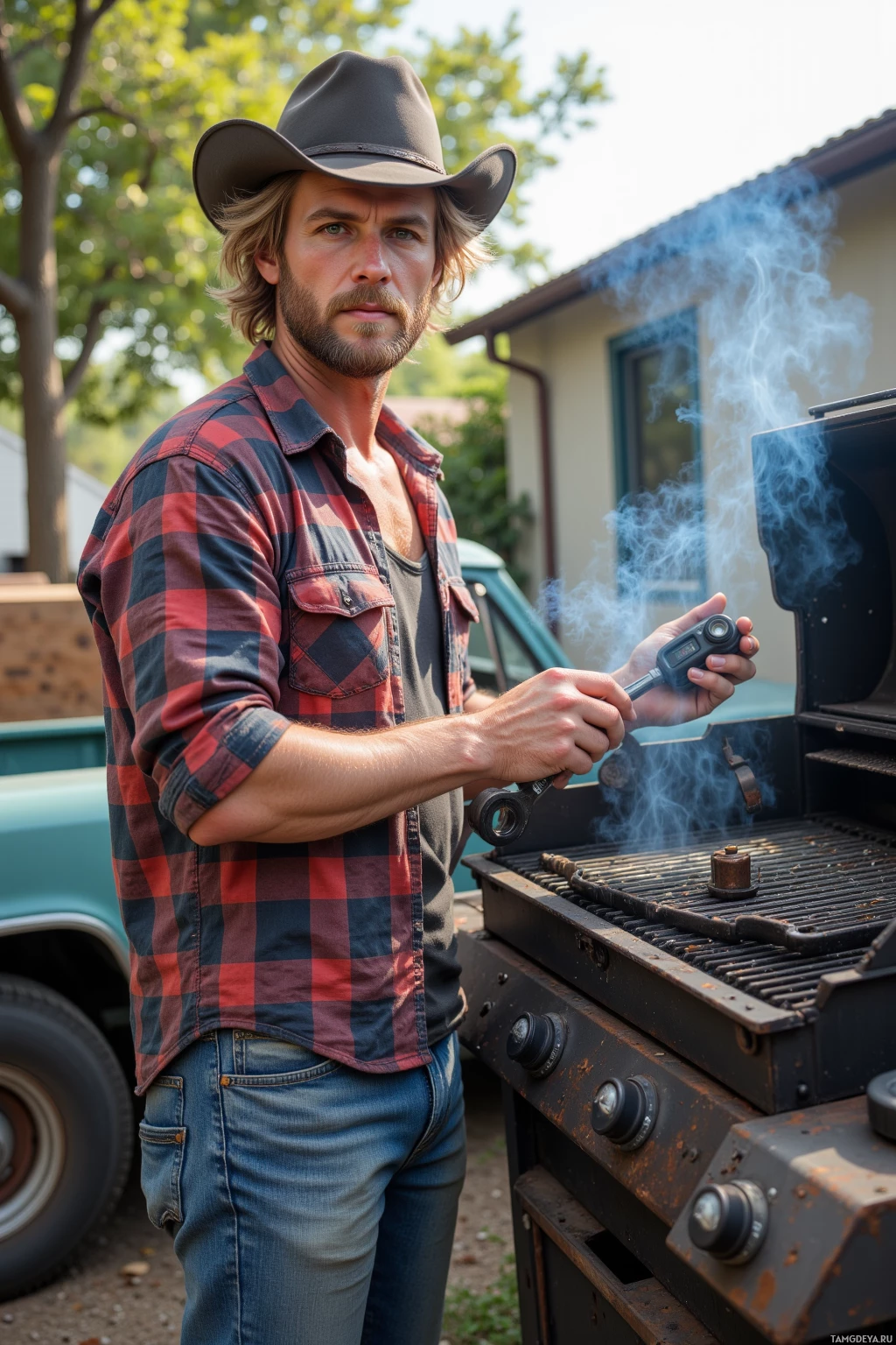 A man in a plaid shirt and cowboy hat stands beside a grill, holding a tool.