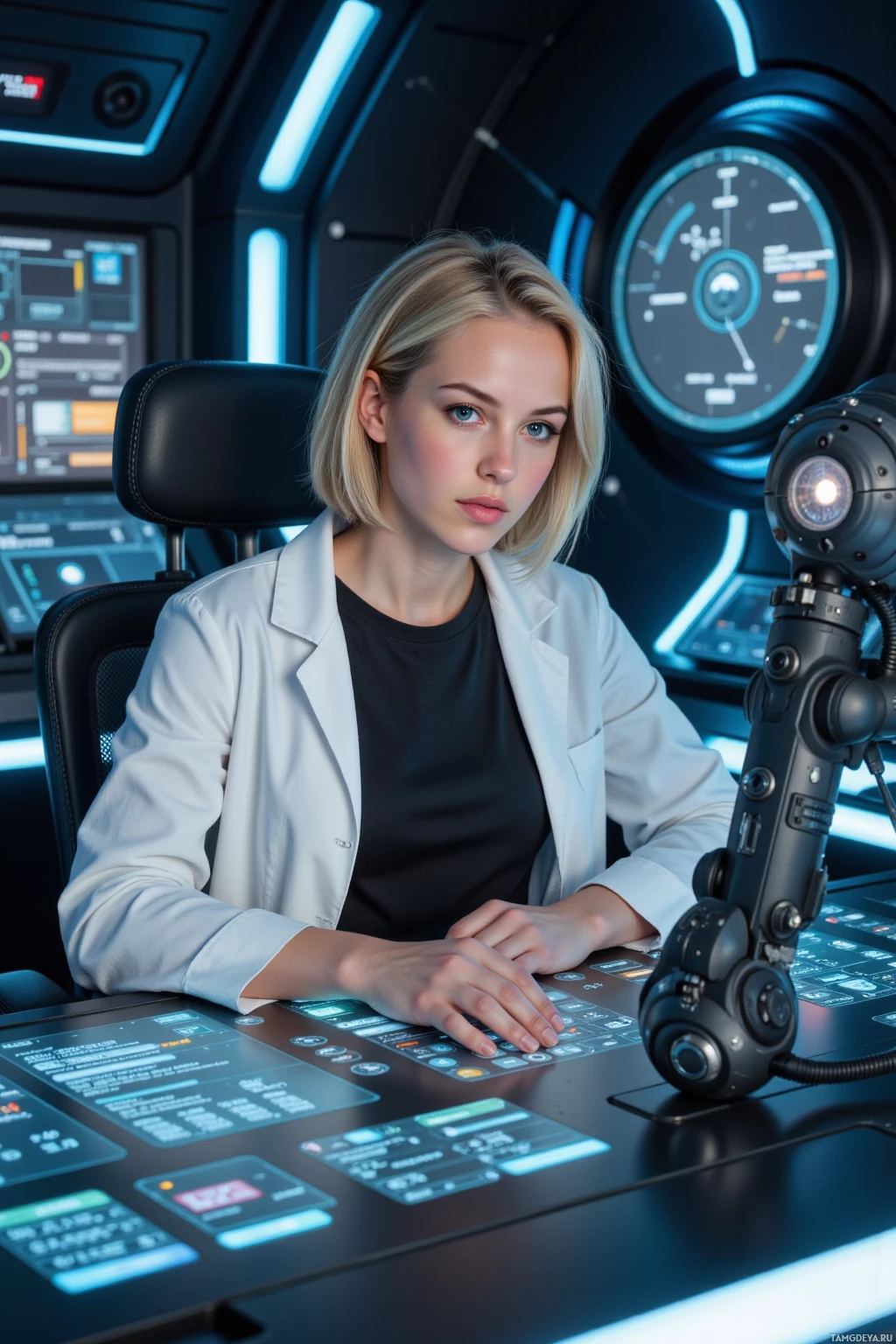 A person in a futuristic control room with advanced technology and screens.