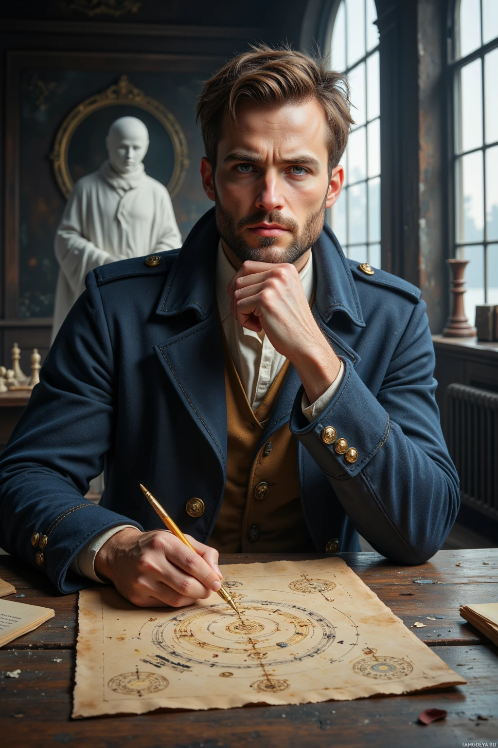 A man in a historical military uniform is writing on a map at a desk.