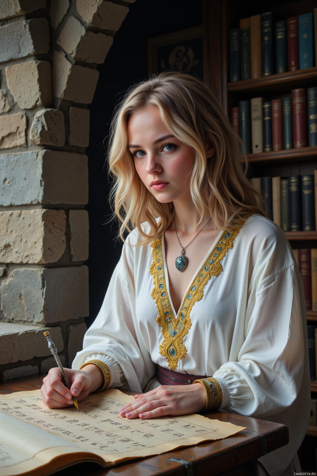 A woman in a white blouse with gold trim is writing on a piece of parchment.