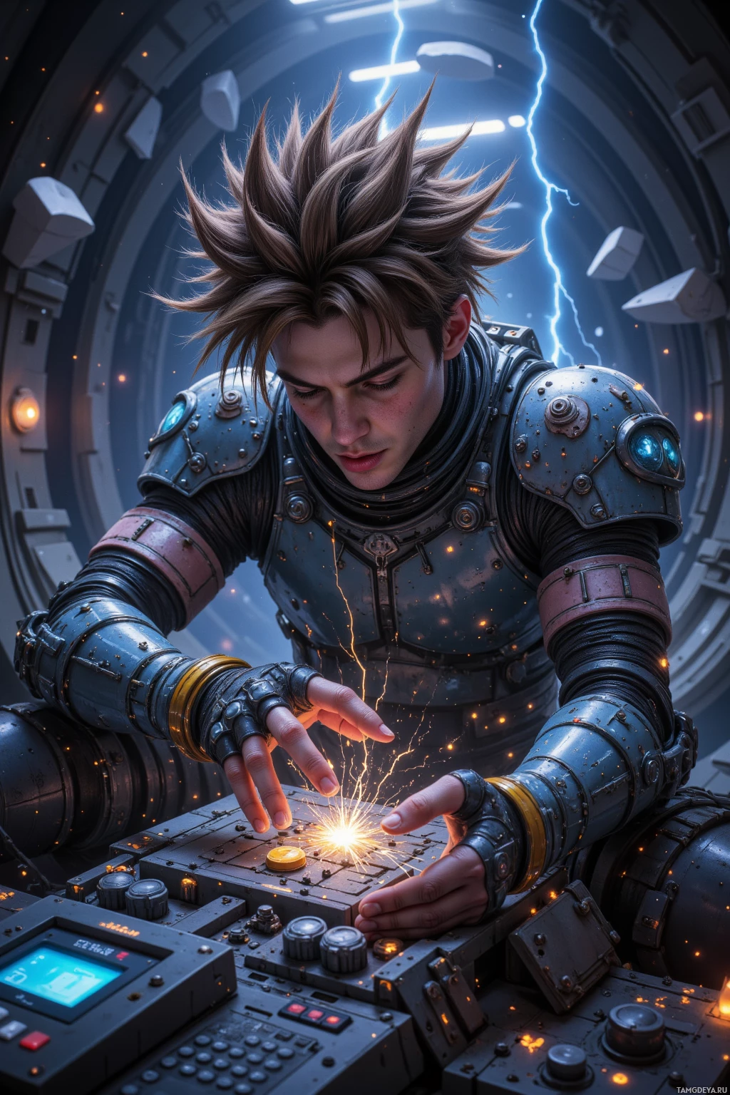 A futuristic character in armor interacts with a glowing control panel.