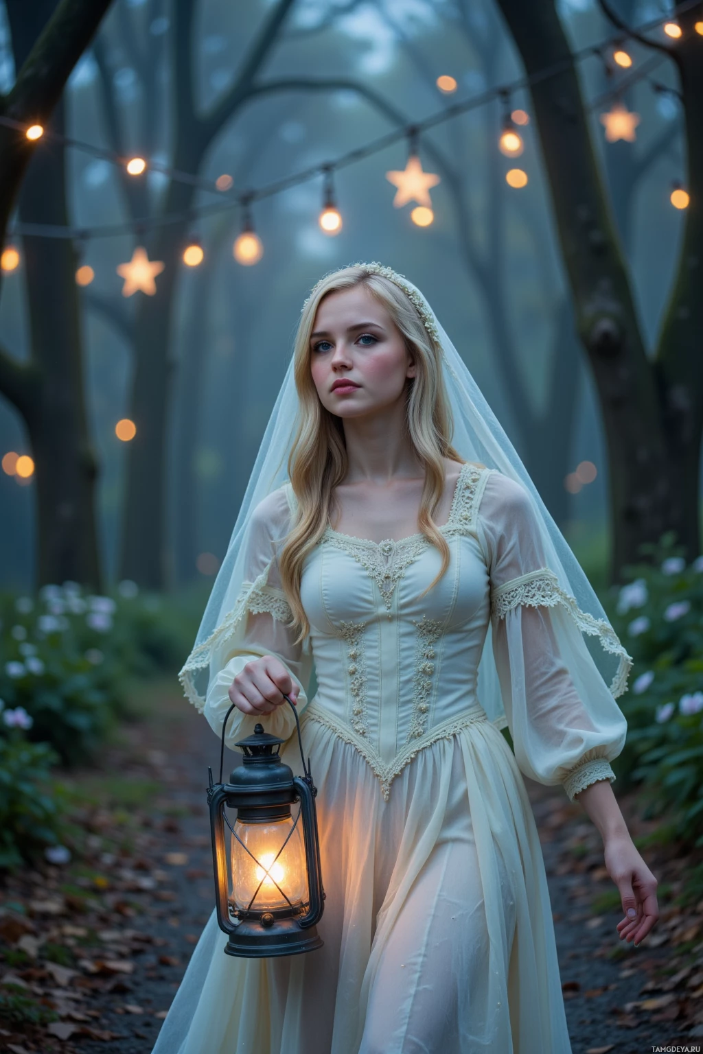 A woman in a white dress and veil holds a lantern in a misty forest.