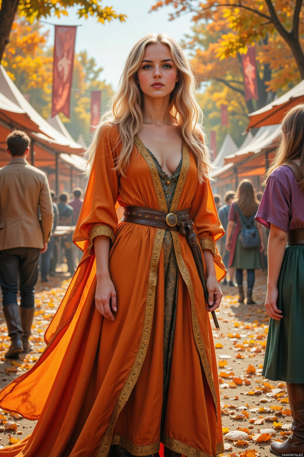 A woman in an orange medieval-style dress stands at an outdoor market with autumn leaves and banners in the background.