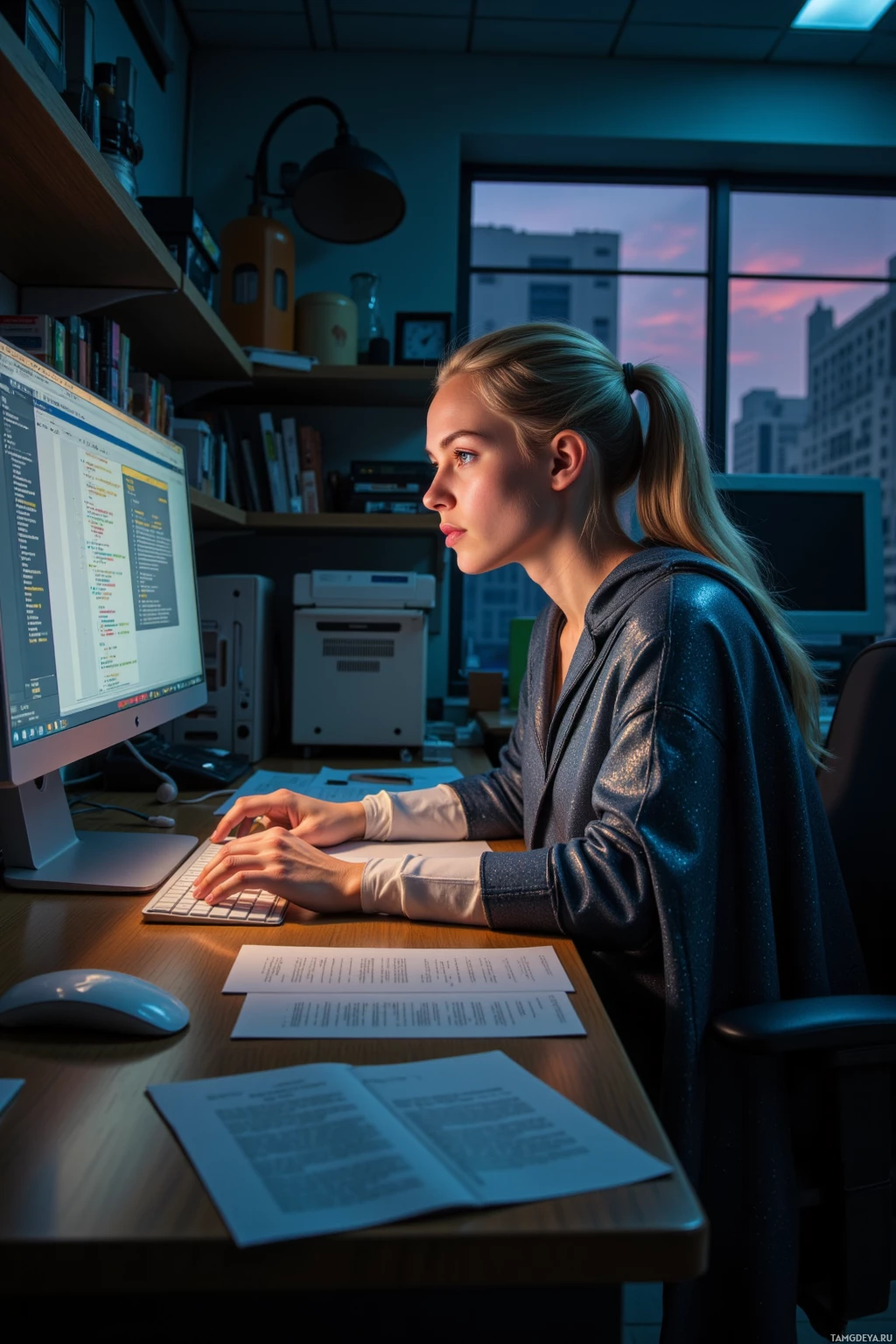 A woman is working at a desk in an office, focused on a computer screen displaying code.