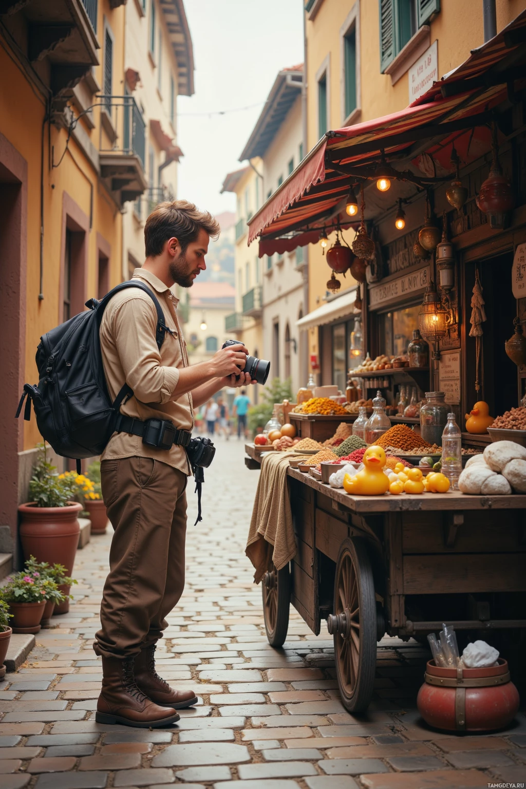 A man with a backpack takes a photo of a street vendor's cart in a narrow cobblestone alley.