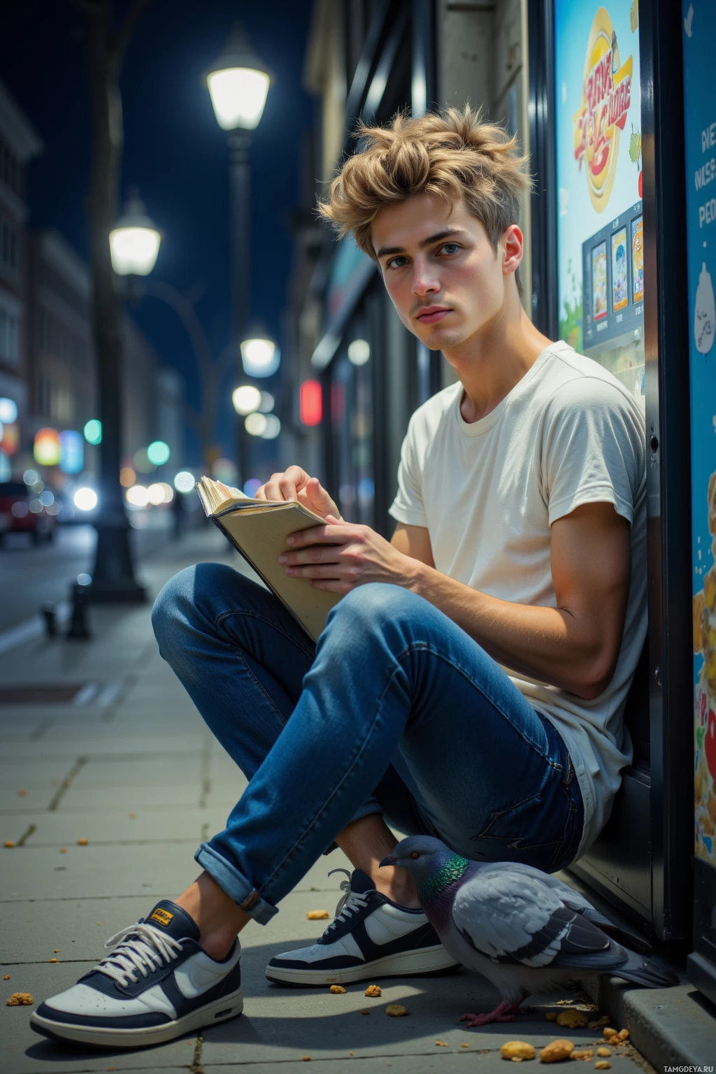 A young man sits on a city sidewalk at night, reading a book with a pigeon perched beside him.